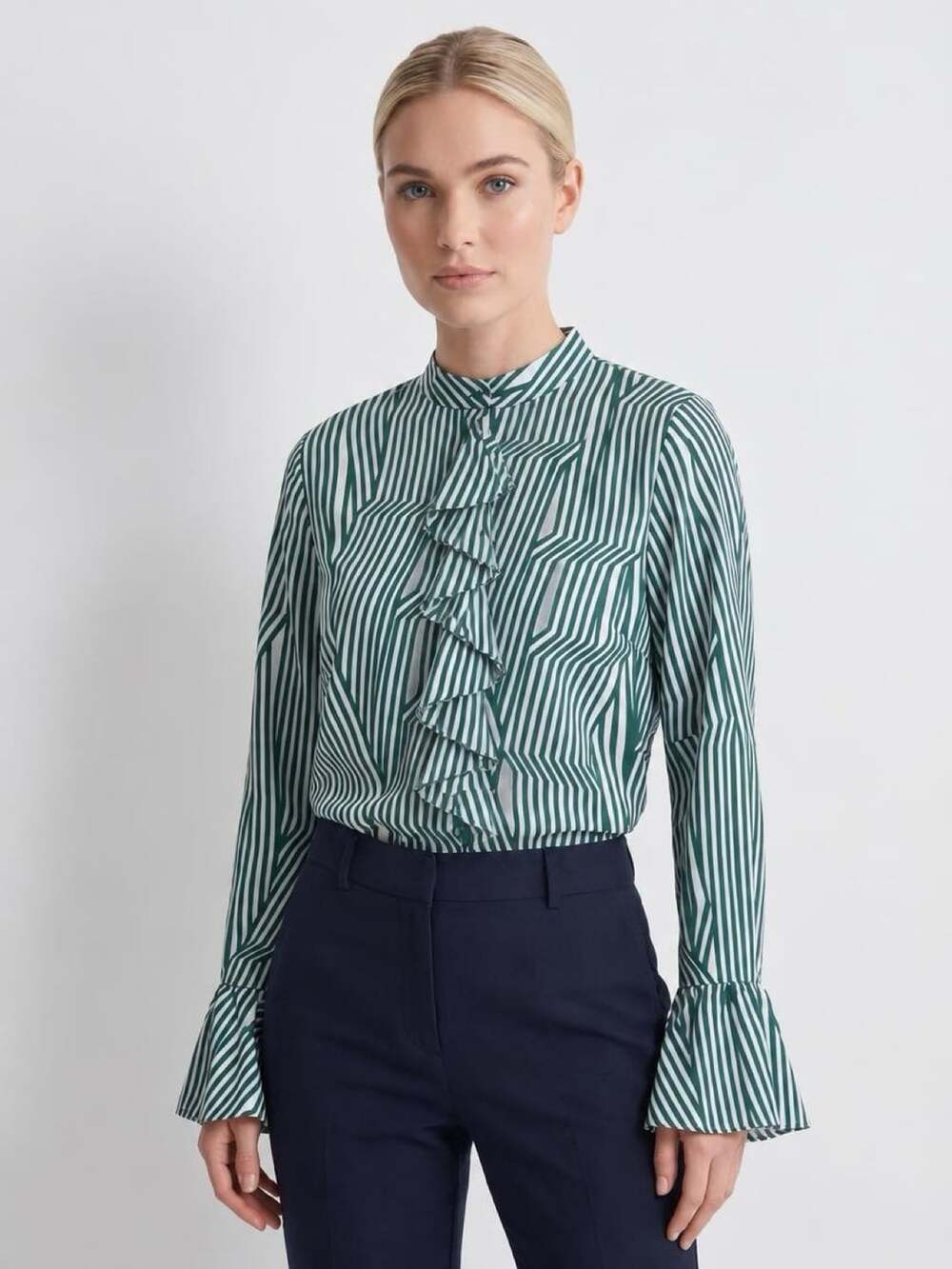 Lea & Viola Blouse Size M Green White Stripe Geometric Mock Neck Ruffle Sleeve